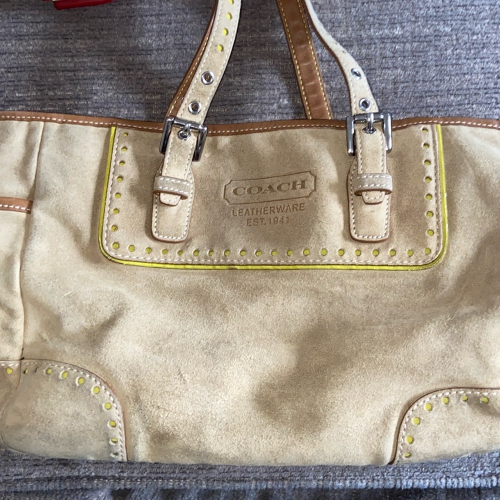 Coach tan suede handbag 9”x14” lime green interior.